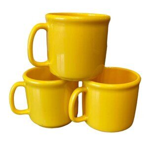Set Of 3 Vintage Yellow Ceramic Coffee Mugs With Rounded Handles
